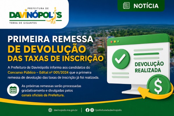 PREFEITURA CONCLUI PRIMEIRA REMESSA DE RESTITUIÇÃO DAS TAXAS DE INSCRIÇÃO DO CONCURSO PÚBLICO R...